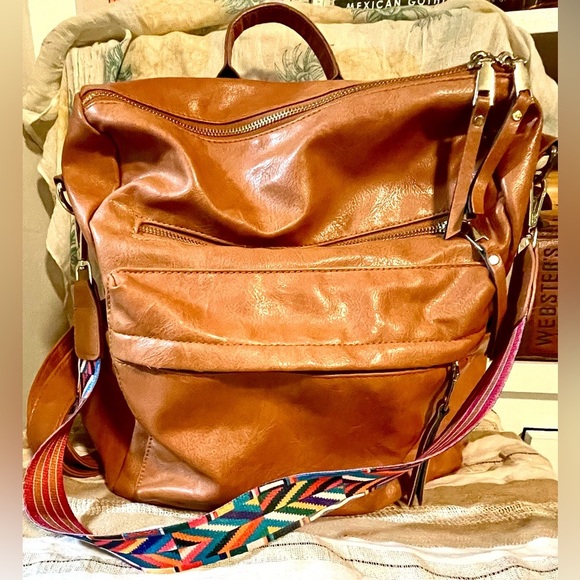 Boho Convertible Backpack Purse — Vegan Leather Camel Tan Bag with Aztec Strap - Picture 13 of 15